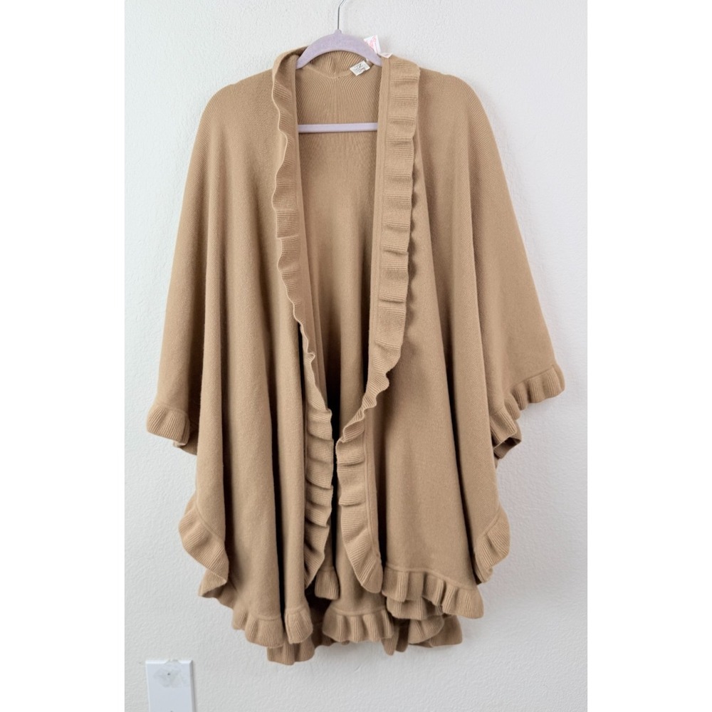 N.Peal‎ 100% Cashmere Poncho Cape Ruffle Trim One Size Neutral  Made in Scotland
